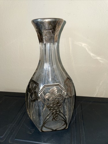 CRYSTAL glass STERLING Silver overlay cut Decanter wine grape vine design 9” - Picture 1 of 6