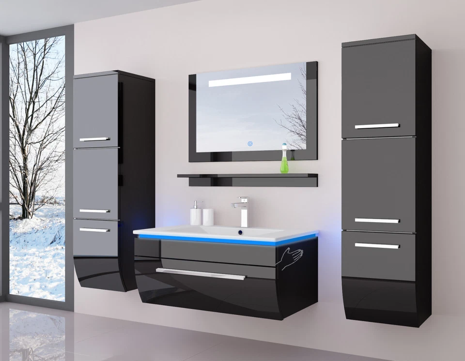Badmöbel Set montiert Weiss oder Schwarz Hochglanz Badezimmermöbel Bis 6 tlg LED - Bild 3 von 4