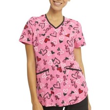 Scrubstar NEW  Women's Printed scrub Top size S PINK/black/red hearts/B Cancer