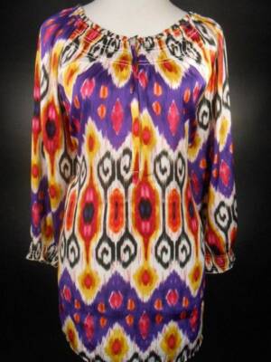 Beautiful Women's Size 3 Chico's Colorful Psychedelic LS Peasant Style Blouse