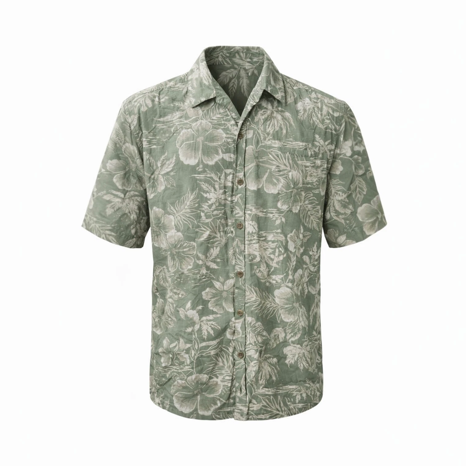 Ocean Pacific Hawaiian Shirt Large Hibiscus Flowers Floral Pale Olive-Green