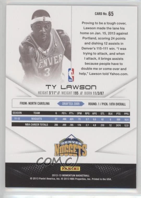 2012-13 Panini Momentum Drive /49 Ty Lawson #65 - Image 2 of 2