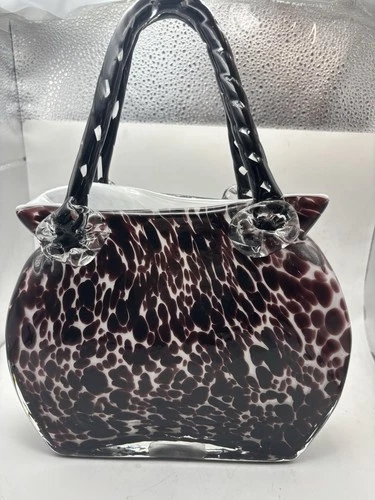Murano Style Vintage Vase“Snow Leopard” Blown Art Glass Purse & Hbags 12"x9"