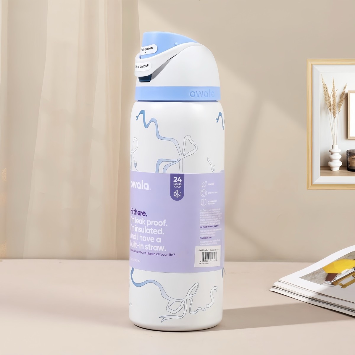 Owala 32oz FreeSip Water Bottle – “Tied and True Blue Bows”-2026