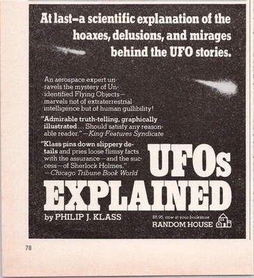 Random House UFOs Explained Print Ad by Philip J. Klass 1974 Vintage