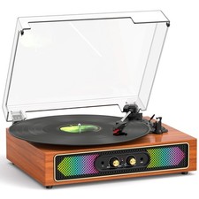 Bluetooth Record Player with RGB Lights, 3-Speed Belt-Drive Turntable with Bu...