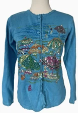 Quacker Factory Embellished Cardigan Sweater XS Sequin Beads Beach Umbrella BLUE