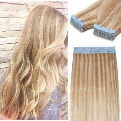 Seamless Tape In Hair Extensions Haarverlängerung Hautschuss Remy Echthaar Blond