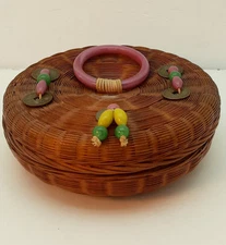 Vintage Chinese Sewing Basket Peking Glass Ring & Beads Ching Coins - 8 inches