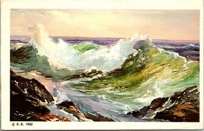 ''Rolling In'' Painting Art By Roger Deering Kennebunport Maine Postcard 1964 4H