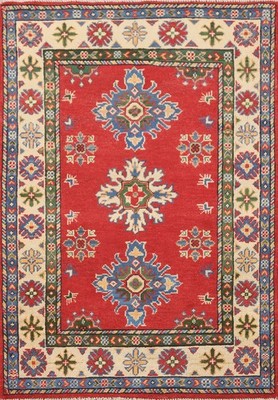 Geometric Kazak Oriental Foyer Rug 3x4 Wool Hand-knotted Red/ Ivory Carpet