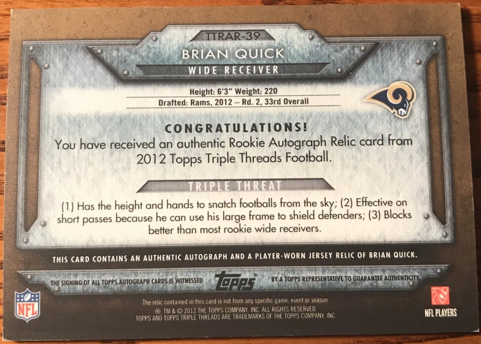2012 Topps Triple Threads Rookies Autographed Relics Sepia Brian Quick #’d 11/75 - Image 2 of 3