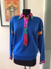 Vintage Anne Crimmins Knit Sweater Top Umi Collection Silky Trim Colors Print M