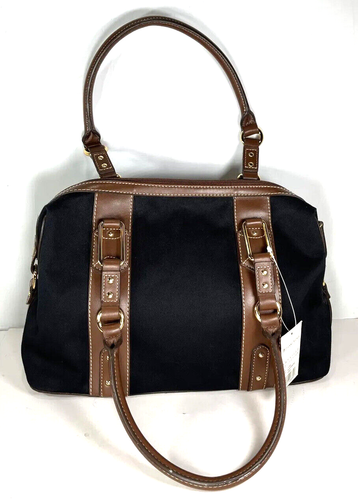 Etienne Aigner Saville Collection Black Cotton Brown Faux Leather Trim Satchel - Picture 2 of 13