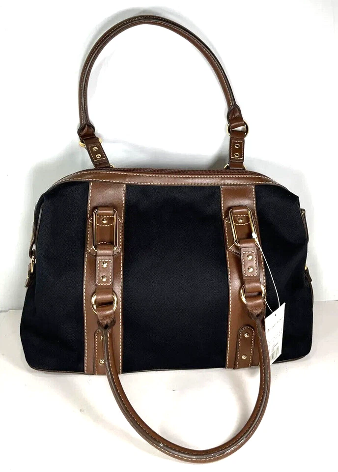 Bolsa satchel Etienne Aigner Saville coleção preta algodão marrom acabamento em couro sintético - Imagem 2 de 4