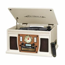White Entertainment Center AM/FM Radio CD Record Player Turntable Bluetooth