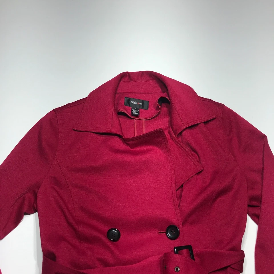 Style & Co. Jacket Womens Medium Red Belted Button Front Knit Double Breasted - Image 3 of 4