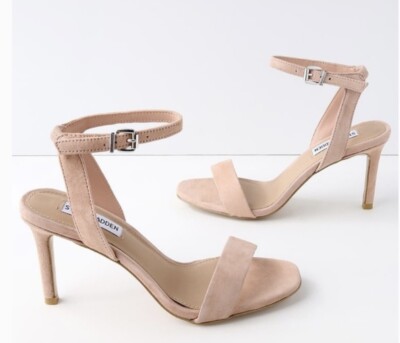 Steve Madden Blush Suede Open Toe Sandals Stilettos With Gold Buckle