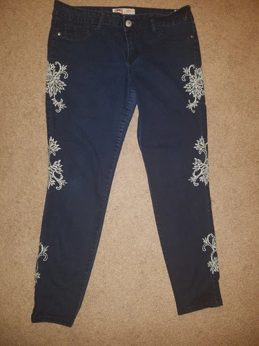 L.e.i. Skinny Dark Blue Jeans Side Leg Floral Embroidery Pants Low Rise Ashley 