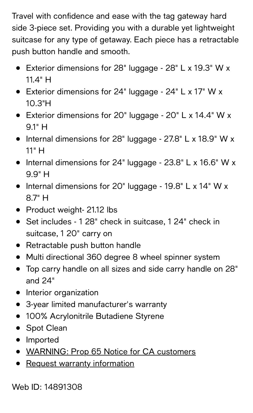 TAG Gateway 3 Piece Hardside Luggage suitcase, travel bag$440