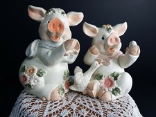 Two Sweet Pig Figurines With Flowers And Duck Farmhouses Barn Resin