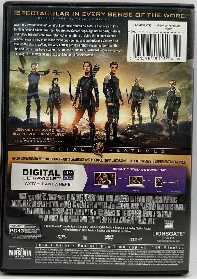 The Hunger Games Catching Fire DVD + Digital Jennifer Lawrence 2013 - Image 2 of 3