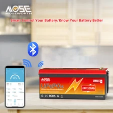 24V 100AH Bluetooth Lithium LiFePO4 Battery 100A BMS 2560Wh Deep Cycle Marine RV