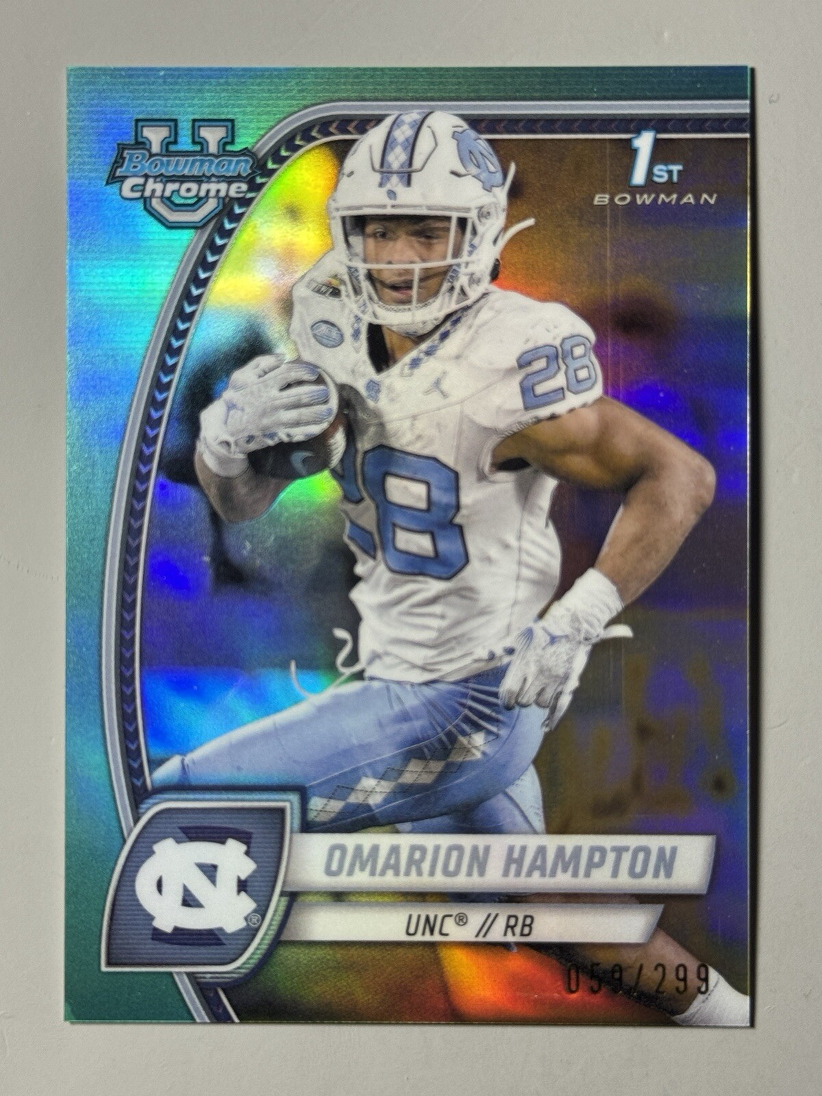 Omarion Hampton Rookie 2024 Bowman University /299 Aqua Refractor Chrome 1st RC