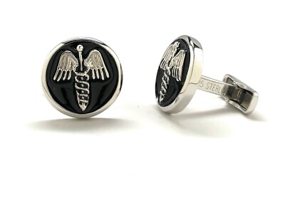 Sterling Silver Caduceus Cufflinks Medical Doctor Symbol Cuff Links 3D Design