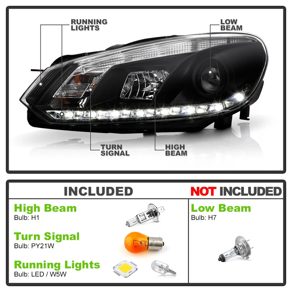 Faros proyectores tira LED 10-14 izquierda+derecha negros para VW Golf GTi DRL 2010-2014 Foto 4 de 4