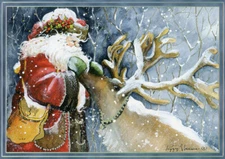 Old World Santa with Reindeer Silver Prismatic Foil Box of 14 Christmas Cards