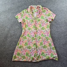 Untuckit Dress Womens Size 12 Green Pink Tropical Leaves Monstera Button Aloha