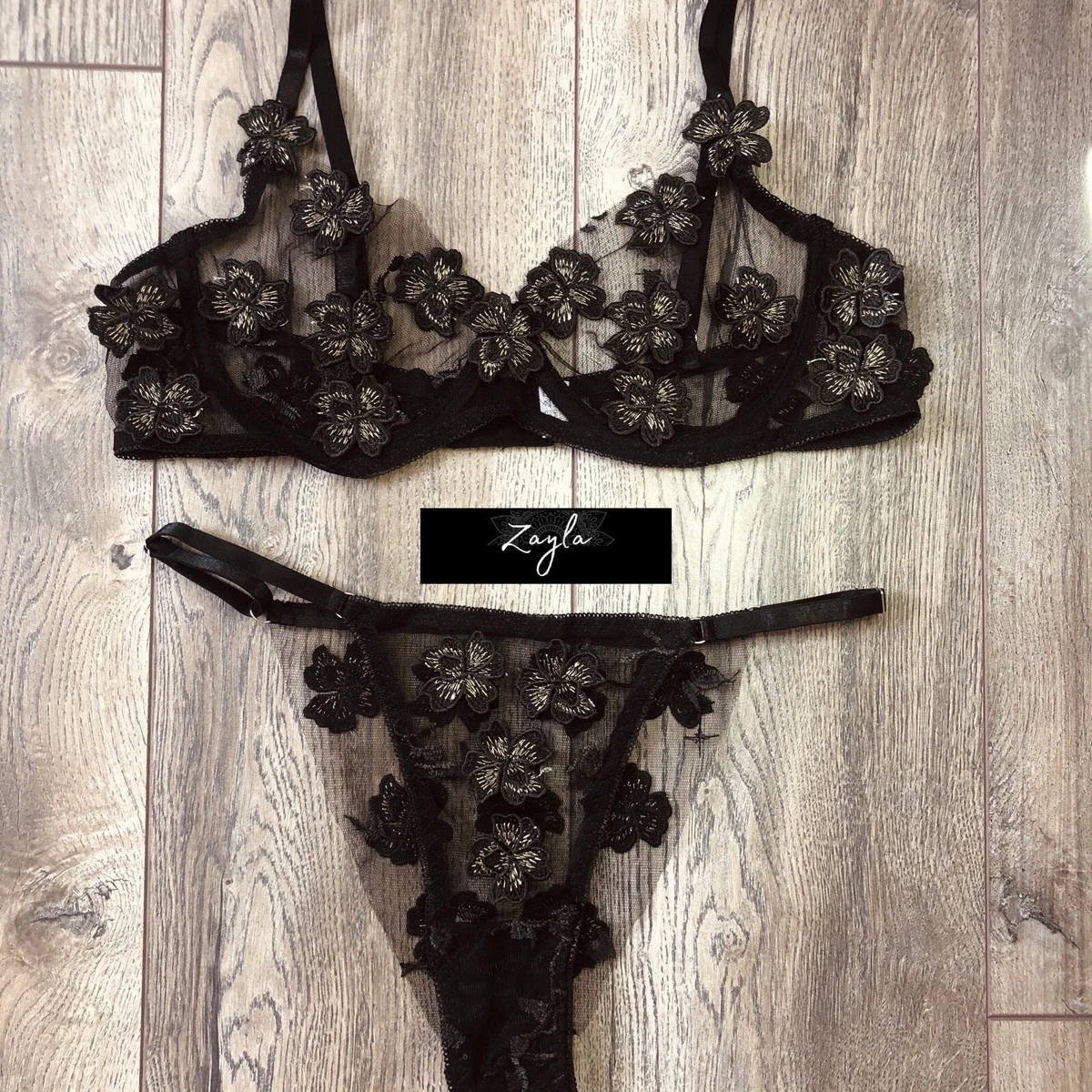 Black Embroidered Lingerie Sexy Lounge Set Small UK 6-8