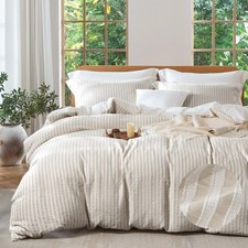 MILDLY Jacquard Stripe Duvet Cover - 100 Washed Cotton Light Khaki Boho Text...