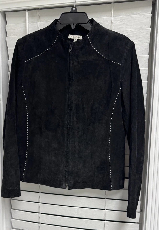 YVONNE MARIE Forrado CUERO GAMUZA NEGRO Cremallera Ajuste Cónico Chaqueta/Abrigo MOTO talla 10 Foto 3 de 4