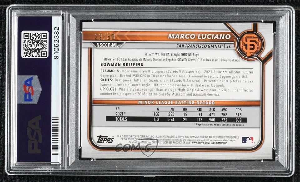 2022 Topps NSCC National Convention Gold Refractor /50 Marco Luciano PSA 9 MINT - Image 2 of 2