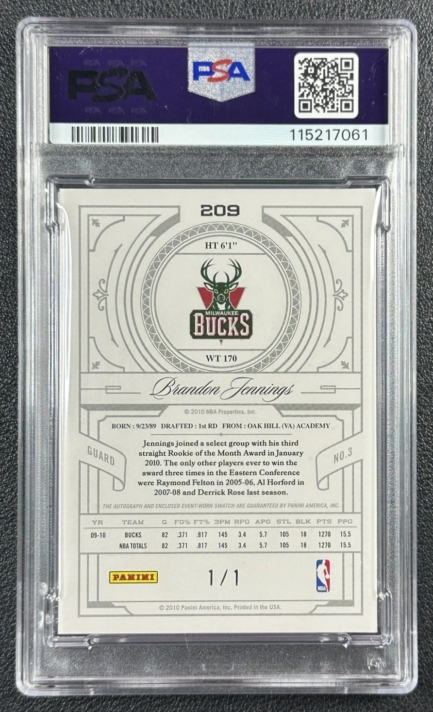 BRANDON JENNINGS PSA 7 2009 NATIONAL TREASURES 209 ROOKIE LOGOMAN PATCH AUTO 1/1 view 4