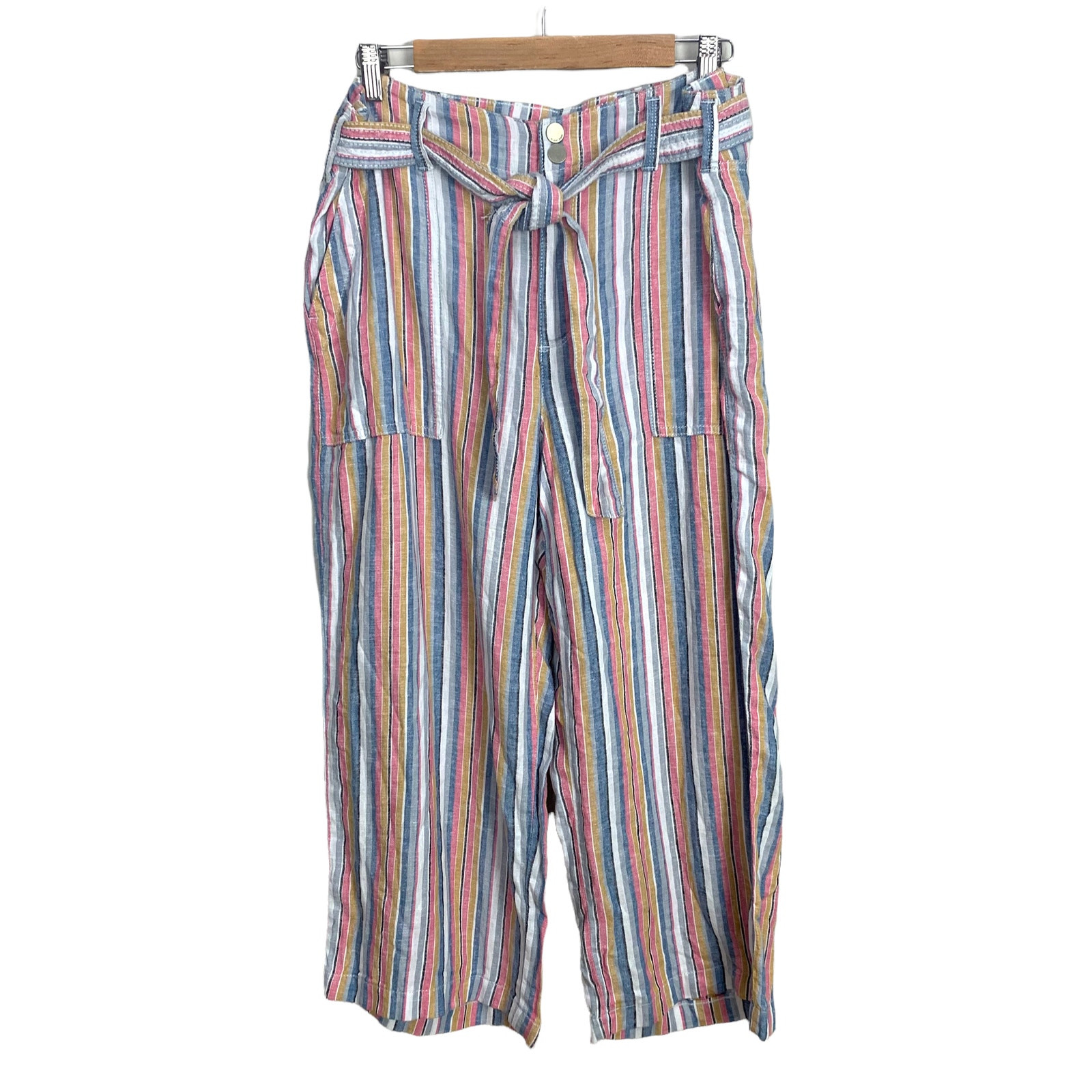 NWT Seven7 Stripe Wide Leg Linen Pants Paper Bag Waist Belted Sz 14