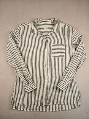 J. Jill Love Linen Stepped Hem Button Down Tunic Shirt Small Striped Gray White