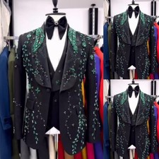 Luxury Beading Jacket Wide Shawl Lapel Men's Suits 3Pcs Prom Dinner Party Coat
