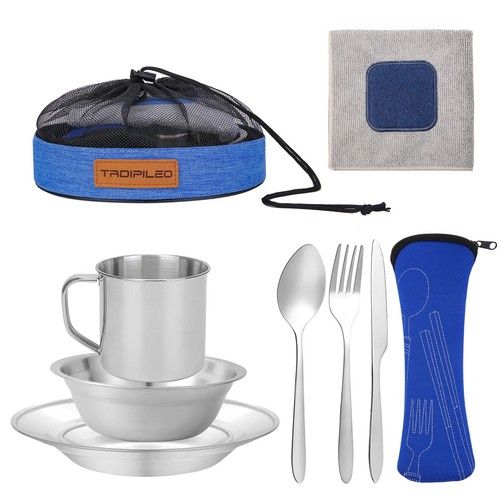 Stainless Steel Camping Cutlery Set, 8 Piece - Includes Spoons, Mugs, Bowls, ...