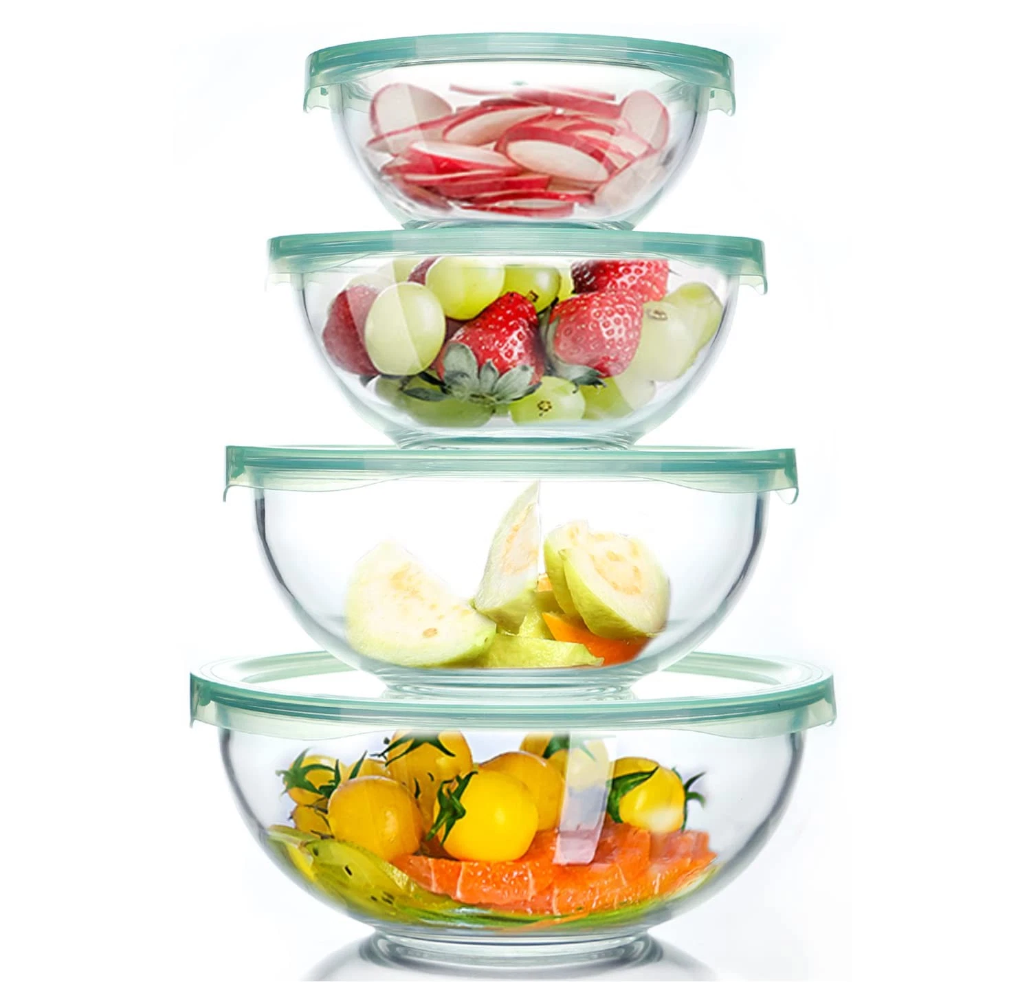 Luvan Glass Mixing Bowl with Airtight Lids, (1QT, 1.5QT, 4 Pack, Clear Green