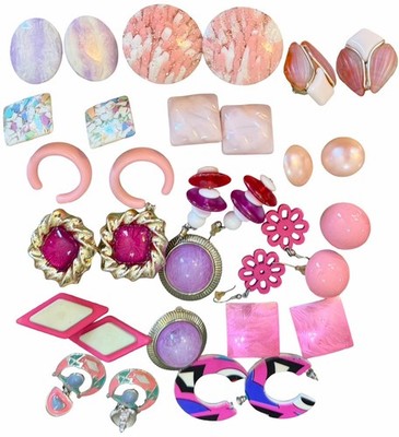 VTG Lot CONFETTI LUCITE? Earrings Lot Mixed Pink button Statement READ 16 READ