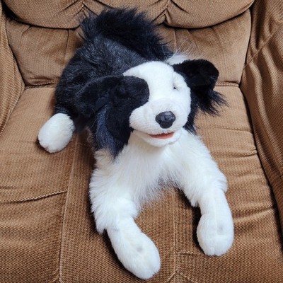 Folkmanis Black & White Border Collie Hand Puppet Plush Blue Brown Eye 26'' RARE