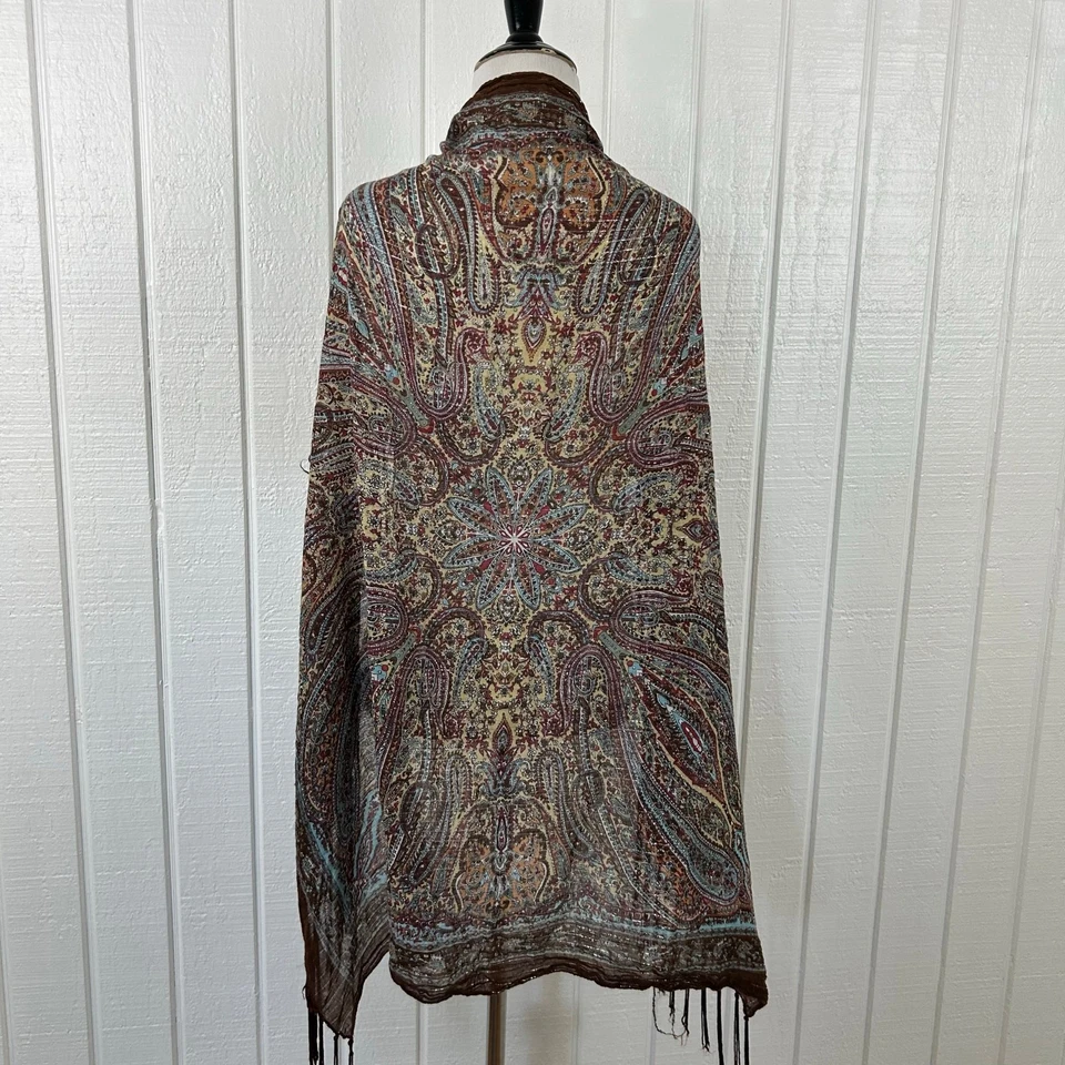 Mujer Paisley Terroso Metálico Flecos Bufanda Chal Cuadrado Hada Boho Hippie Marrón Foto 2 de 4