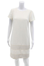 Ann Taylor Women's Short Sleeves Round Neck Mesh Trim Mini Dress Beige Size 8