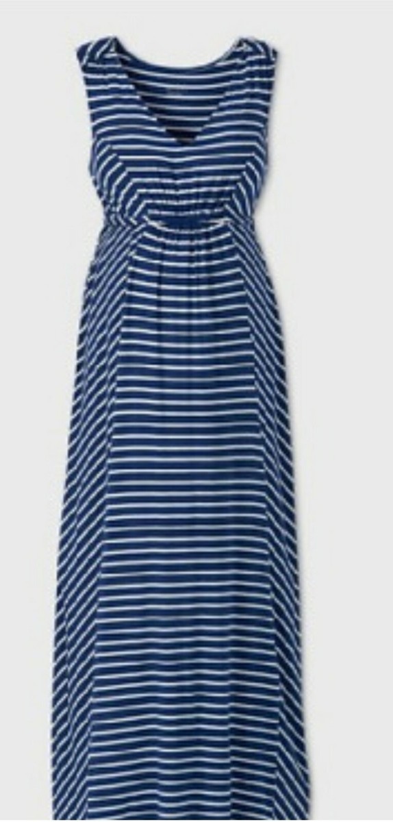 blue and white striped maternity dress Blue Striped Off Shoulder Front Tie Maternity Maxi Dress Medium