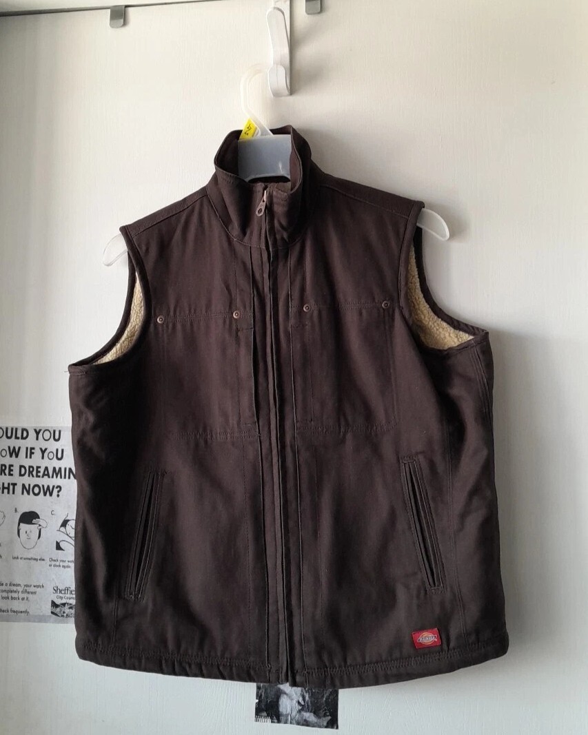 Dickies Dark Brown Denim Sandstone Work Vest Sherpa Insulated Size Lg *see des*