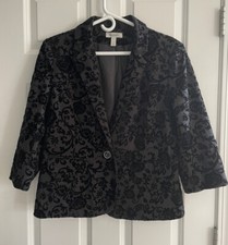 Burnout Velvet Blazer Jacket Large Black Whimsigoth Old Money Event 3/4 Sleeve
