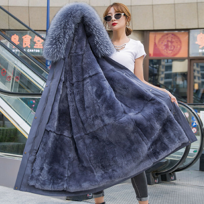 Women's Winter Parka Real Fox Fur Collar Coat Hooded Rex Rabbit